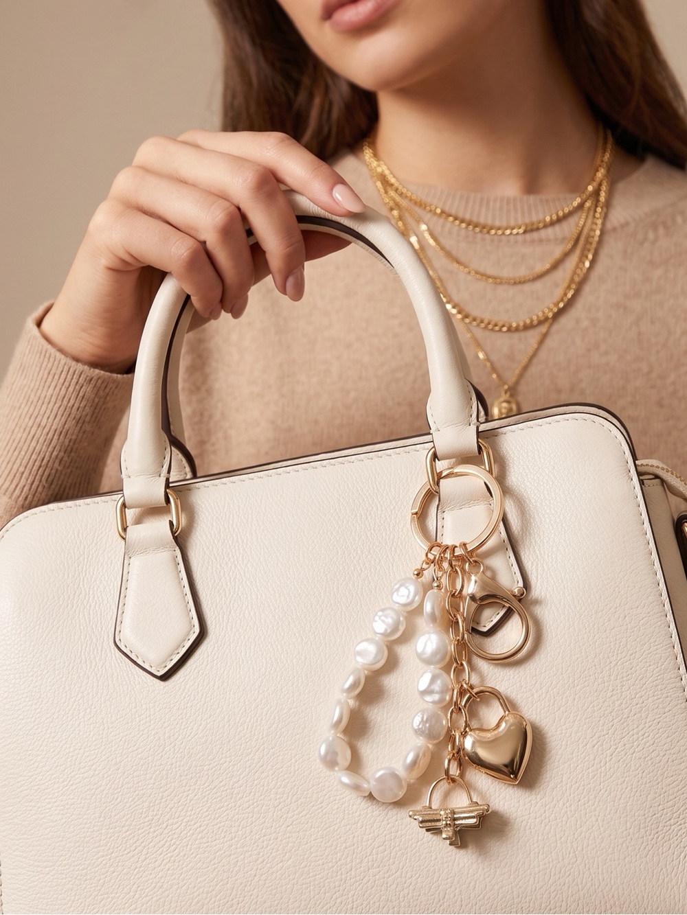Piper Gold Heart & Pearl Bracelet Key Chain - White Pearls